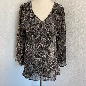 Jennifer Lopez Black Tan Animal Print Ruffle 3/4 Sleeve V Neck Sexy Boho Size M